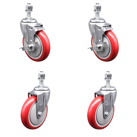 Service Caster 5 Inch SS Red Polyurethane Swivel 12mm Threaded Stem Caster Brakes, 2PK SSTS20S514-PPUB-RED-TLB-M1215-2-S-2
